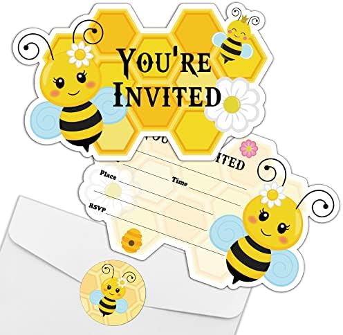Покани за роденденска забава со симпатична пчела со пчели со коверти и налепници （сет од 15） покани во форма на саќе во форма на саќе