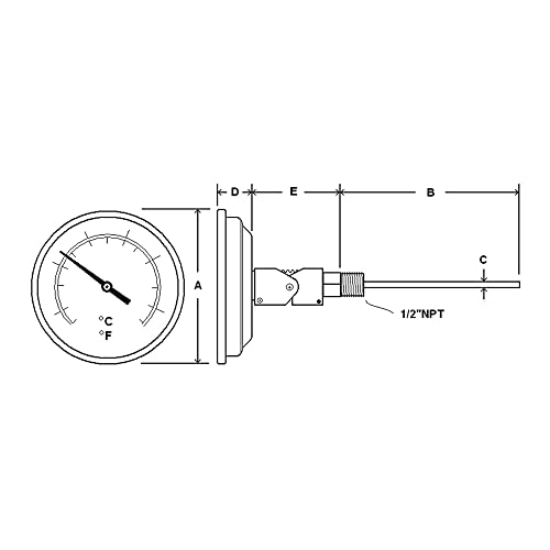 PIC мерач B5A18-MM 5 ”големина на бирање, 50/300 ° F и 10/149 ° C, 18 должина на стеблото, прилагодлива врска со агол, кутија од не'рѓосувачки челик, 316 термометар за биметален матич