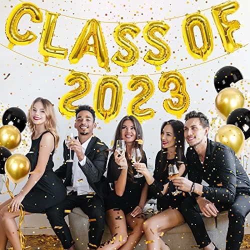 Златна Класа Од 2023 Балони со Конфети од 3000 парчиња, 16 Инчен Банер од 2023 Година, Украси За Забави За Дипломирање и Конфети