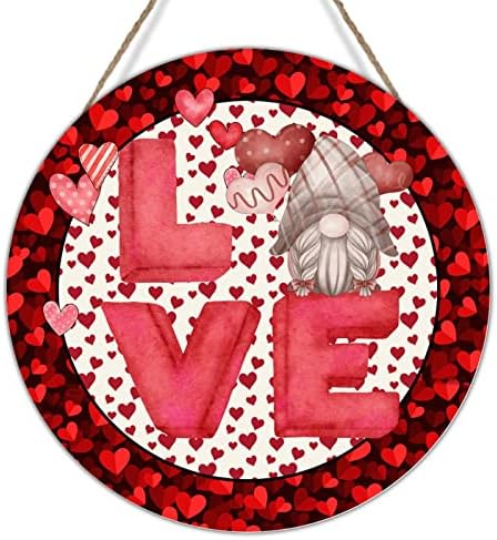 Денот на вineубените loveубов gnome дрво wallид знак црвена розова точка ленти срцев венец дрво знак среќен валентин тремот знак за домашна канцеларија тремот 10x10in на жени