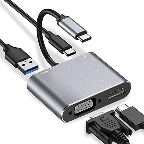 Deevay 4-во-1 Type-C до PD+HDMI+VGA+USB Hub адаптер компјутерска електроника додаток за додаток сребро