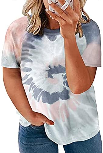 Плус големина маица за жени, печатено лето лето лабава екипа на вратот на вратот, кратки ракави пуловер дами модни тимови