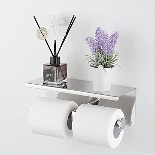 Двоен држач за тоалетна хартија SCDGRW со полица, 304 држач за тоалетна хартија од не'рѓосувачки челик, монтиран, складирање на држачи