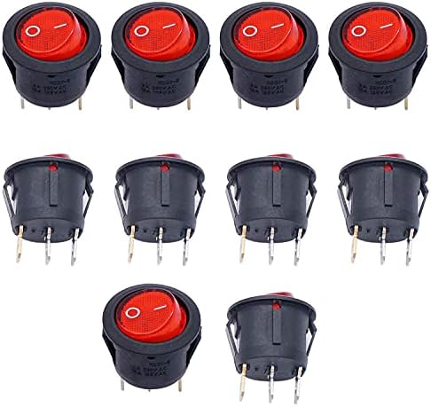 Befia 10PCS AC 250V/6A, 125V/10A Црвено светло осветлено Вклучено/Исклучено SPST 3 PIN 2 Позиција Мини Брод Рокер прекинувачи