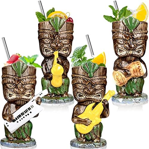 Чаши За Чаши тики За Коктели Хавајски Чаши Тики Комплет од 8 Керамички Тропски Чаши За Пијалоци Тики Стаклен Бар Декор Гроздобер Музички