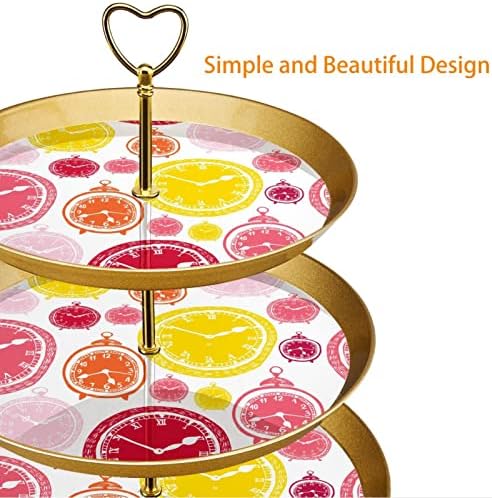Стенд за кекс, 3 нивоа на кула кула, приказ на кула, жолто розов часовник, пластична десерт штанд за тесто за тесто