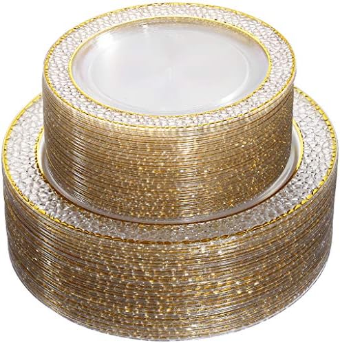 Нерв 102 ПАРЧИЊА Златни Пластични Плочи-Јасен Кристален Дизајн Свадбените Пластични Чинии За Еднократна Употреба Вклучуваат 51 Пластични Чинии