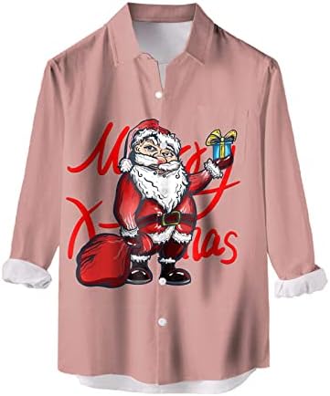 Копчиња за долг ракав на Здфер Божиќ со долги ракави, Божиќни смешни Дедо Мраз печатени кошула за куглање за куглање, дизајнерски