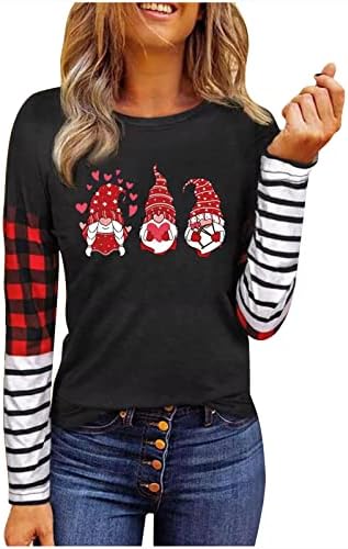 Симпатична маица со долг ракав за жени Денот на в Valentубените, Бафало, карирана крпеница Туника врвови на срцето, графички екипаж