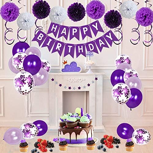 Виолетова Роденден Украси За Девојки Жени, Партија Украси Среќен Роденден Декорација Со Бантинг Банер, Балони, Помпони, Виси Вител За Бдд Ангажман