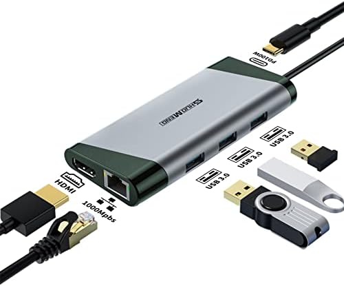 USB C Hub 6-In-1 Shuomeng Type C MultiPort адаптер, со 4K HDMI, 100W испорака на електрична енергија, 1 Gbps Ethernet, 3 USB 3.0 порти