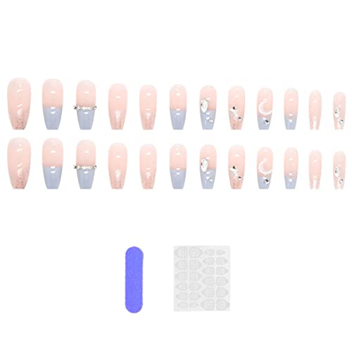 24 парчиња француски Лажни Нокти Акрилни Нокти Со Целосна Покривка Со Едноставен Случај-Притиснете На Ноктите Со Средна Ѕвезда Месечина Лажни Нокти Долг Ковчег Сја