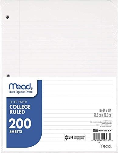 Mead Loose Leaf Paper, широко распространето, 200 листови, 10-1/2 x 8, наредени хартија за филер, 3 дупки прободени за 3 прстенести врзива, пишување и канцеларија, совршен за колеџ, K-1