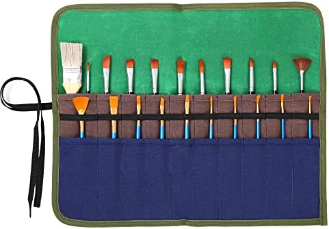 Случај за четка за боја на каалтизи, тешка 16oz восочена платно, држач за четкичка, 20 џебови и ролна за складирање на молив за јаже - 17 w x 13 l - зелена