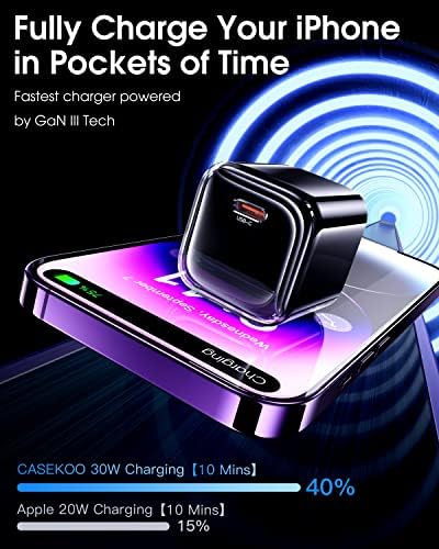 [2023 најновиот] [најбрз и најбезбеден полнач за мраз] Оригинален iPhone Ice Cube Брз полнач на полнач, GAN III 30W CaseKoo PD USB C полнач