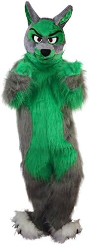 Долга коса зелена волк костум маскота маскота цртан филм за возрасни фенси фустан