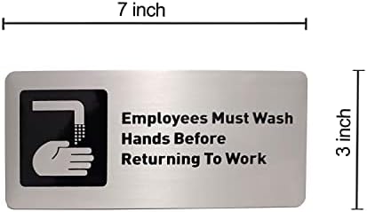 Вработените мора да мијат раце пред да се вратат на знак за работа, 7 x 3 инчи четкани алуминиум, самолепливи, знаци за тоалети за деловни активности,