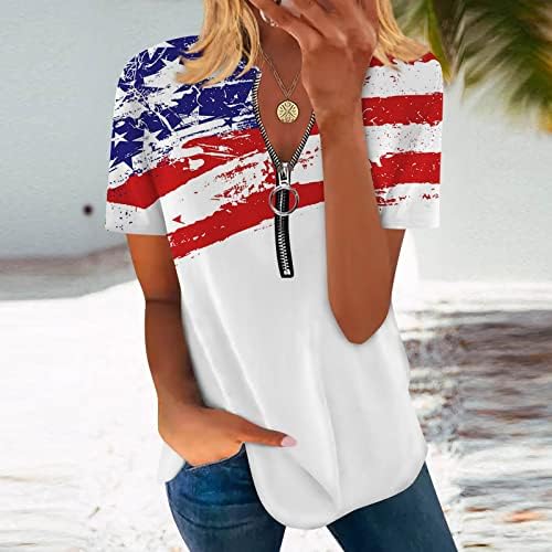 Ребрест резервоар за жени, преголема канцеларија летна блуза за жени класичен краток ракав Американски знаме кошула