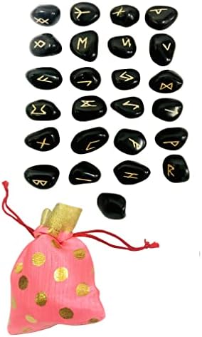 Црн турмалин скапоцен камен Руни Стоунс постави 25 парчиња руничен симбол за кристално заздравување чакра балансирање на стариот футхарк азбука врежан симбол пага