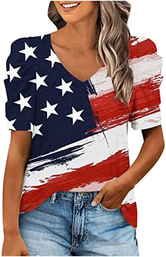 Лцепси Денот Независноста Модни Жени Обични Здив Ракав Краток Ракав V-Вратот Печатени Врвови Лето Лабава Блуза