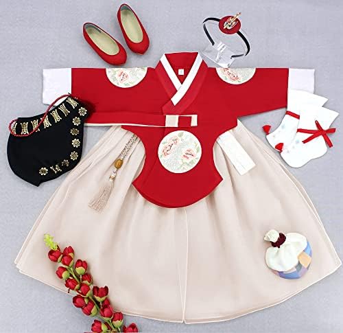 Ханбок Девојка Бебе Кореја Традиционална Облека Постави Црвена Беж Лепенка 100 ти дена Прослави На Првата Роденденска Забава ддг005
