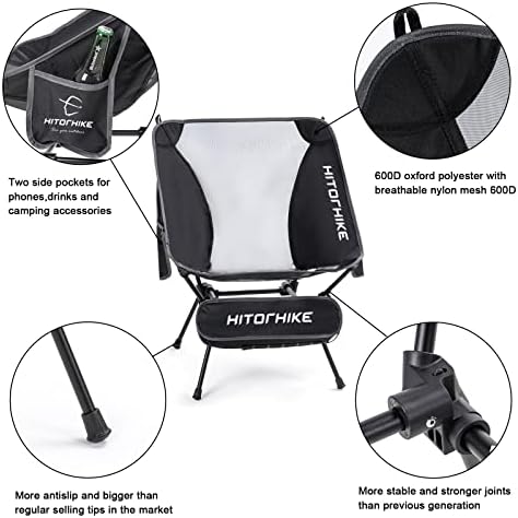 ХИТОРИКЕ Кампување стол Ранец Кампување за преклопување стол за дишење на решетки за дише алуминиумска рамка со 2 странични џебови