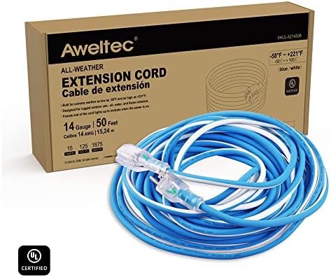 Aweltec Надворешно 14/3 Продолжен кабел 14awg 50ft 15Amp 1875Watts, TPE гума SJEOW осветлен кабел за напојување, сина + бела, UL овластен