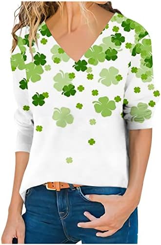 Смешна маица на Сен Пат Патрик В-врат за жени за жени се тркалаат со долга ракав блуза ирска шама за печатење на кошулата Детелина на врвот на врвот
