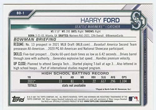 2021 Bowman Draft BD-1 Harry Ford RC Rokie Seatetle Mariners MLB картичка за тргување со бејзбол