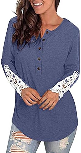 Женски врвови удобно случајно копче со долги ракави, џемперки есенски кошули, чипка за спојување на ракав Туника лабава пукалова блуза