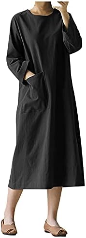 Womenените ретро туничен фустан памучен постелнина копче надолу фустан со кошула со долг ракав, обични лабави џебови мини туничен фустан