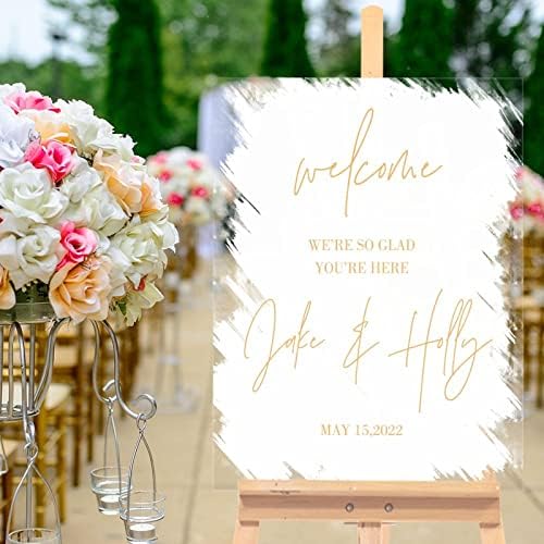 Акрилик свадбен знак бела и златна чиста акрилна свадба добредојде знак за прилагодување на свадбената церемонија за забави за забава за годишнина