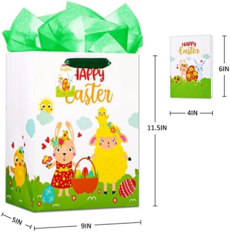 Велигденска торба за подароци Waahome со рачка 11.5''x9'''x5 '' Среден велигденски зајаче овци од пилиња со пилиња со зелено ткиво хартија, велигденски торби за подароци за д?