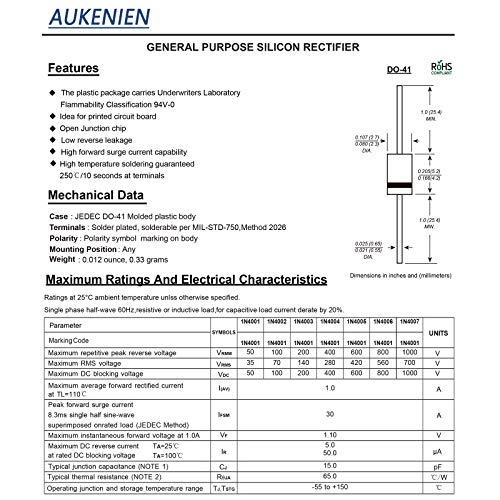 Aukenien 1N4148 Diodes 200MA 100V IN4148 Префрлување диода 200 милиамп 100 волти DO-35 Електронски силиконски аксијален 4148 диодо