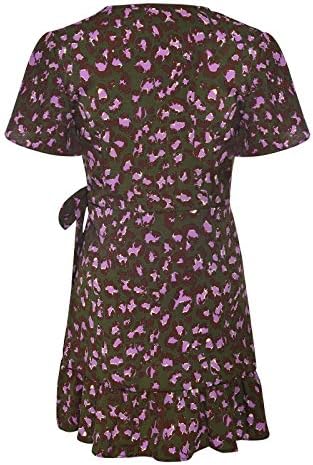 Letterенски летен обвивка против вратот/леопард печати руфла кратки ракави мини фустан цветни обични фустани со појас