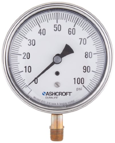 Ashcroft duralife тип 1009 не'рѓосувачки челик кутија сув исполнет мерач на притисок, цевка од не'рѓосувачки челик и бронзен штекер,
