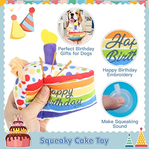 Куче роденден бандана капа со торта играчка за пискање на пискави - шамија на момче триаголник и прилагодлива капа за пол -точка, симпатична материјал за роденден з?