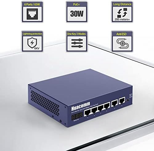 Huacomm 6-Port 10/100Mbps POE Switch со 4 порти на POE Ethernet | IEEE 802.3AF/802.3AT | Цврст метал | Приклучок и игра | Десктоп | 65W POE Буџет | Нерешени | HC1705P