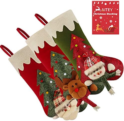 Аити Божиќно порибување, 18 Голем сет на чорапи од 3 Божиќни ликови Дедо Мраз, Снежен човек, ирваси 3Д Плишани Божиќни украси за