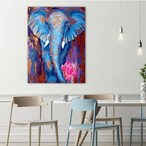 Тонцом боја по броеви животни, сликајќи по комплет за броеви за возрасни деца почетници 16 x 20 инчи платно сино слон без рамка