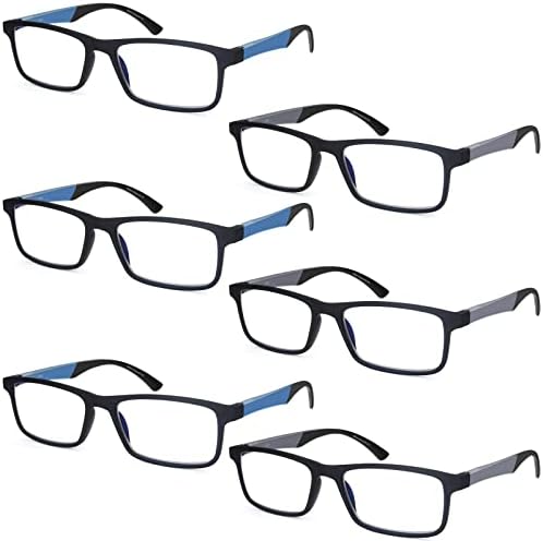 Очила за читање со 6 пакувања Сино светло блокирање за мажи, лесни читатели на пролетни шарки модни плоштад очила за очила