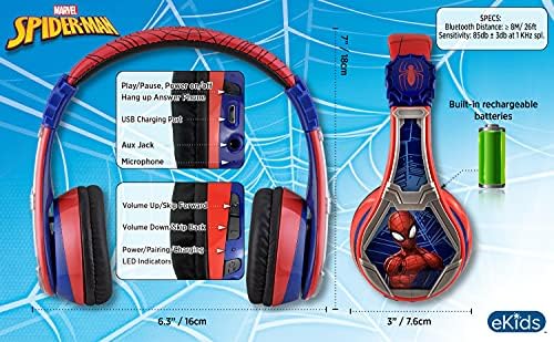 Ekids Spiderman безжични преносни слушалки со микрофон, волумен намален за да се заштити батеријата што може да се наполни со слухот,