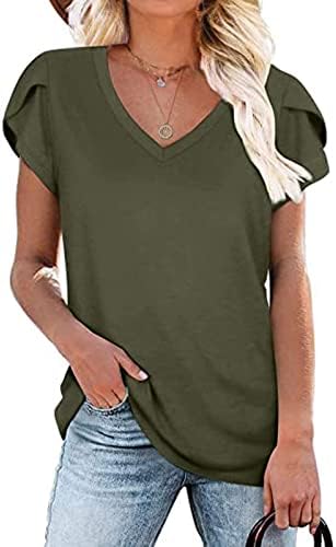 Womenените есен лето памучна блуза 2023 облека Краток ракав V вратот скромен обичен блуза маичка за девојчиња E5 E5