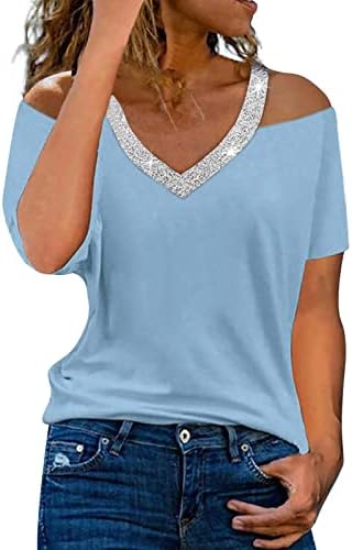 Letterенски летни атлетски врвови за жени против вратот од рамото сјај со цврста боја со кратки ракави маица Топ блуза