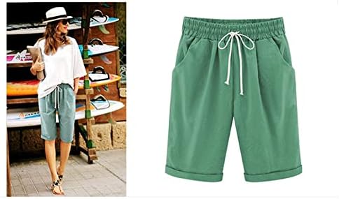 Женски памучни постелнини влечејќи долги шорцеви еластични шорцеви од Бермуда, облечени летни валани шорцеви со странични џебови