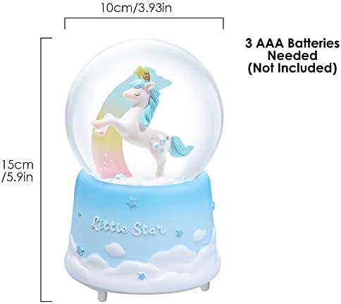 Еднорог Снежен глобус - Шарена музичка кутија за деца, 100 мм / 4 инчи снежни глобуси со музика за ќерки внуци на роденден Божиќ, сина