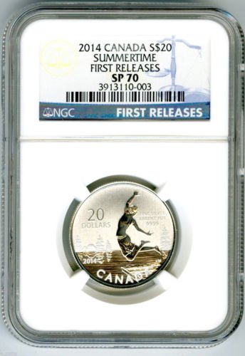 2014 година 20 $ Канада Сребрена лето прва изданија Сина етикета 1/4 унца 20 $ SP70 NGC