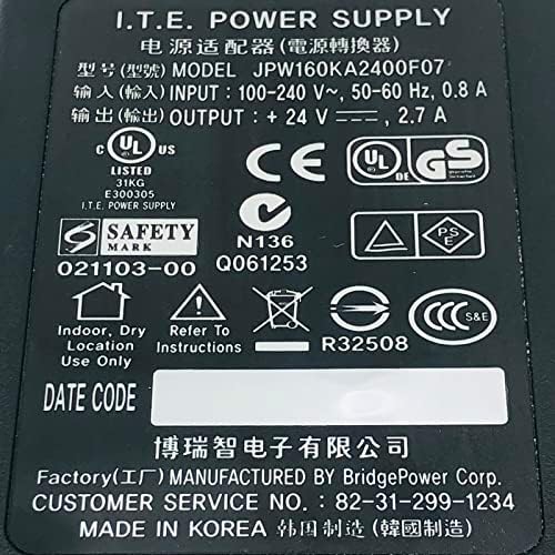 I.T.E Набавка на електрична енергија JPW160KA2400F07 AC адаптер 24V 2.7A 5.5x2.0 mm со кабел