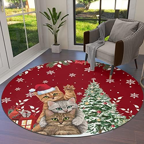 Голем килим за дневна соба за дневна соба, 6-ти килими што не се лизгаат за детска соба, Божиќни цвеќиња мачка Божиќ дрво црвена позадина што се мијат тепих под подт