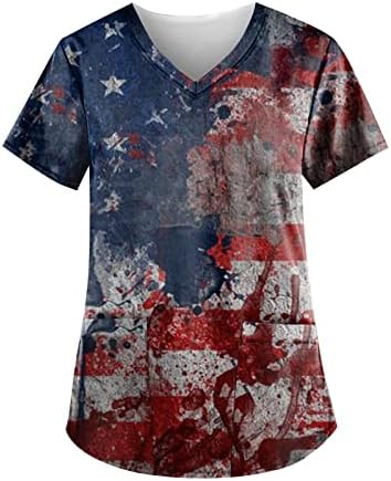 4 јули Блузи За Жени Американско Знаме Летни Кошули Со Кратки Ракави V Врат со 2 Џебови Блуза Врвна Празнична Секојдневна Работна